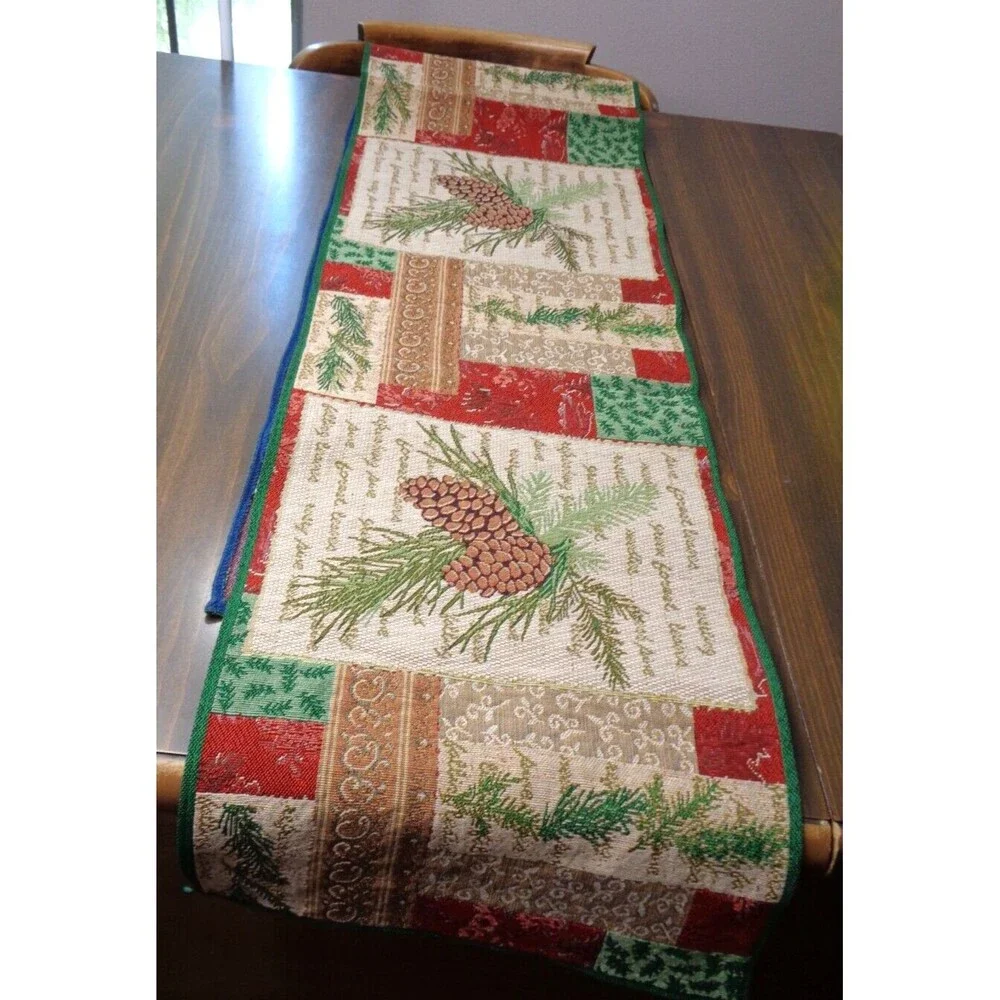 Vintage Christmas Table Runner Pinecones Red Green Patchwork Look Weave 12x72